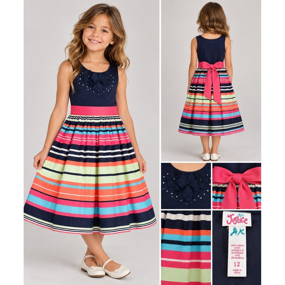 Justice Striped Fit & Flare Dress Girls 12 Navy Pink Preppy Coquette Floral Sash